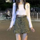 Long-sleeve T-shirt / Spaghetti Strap Top / Leopard Print Skirt