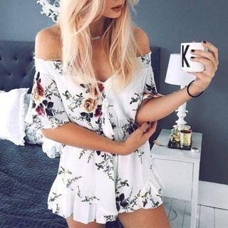Floral Print Off Shoulder Elbow Sleeve Playsuit