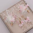 Wedding Set: Flower Branches Hair Clip + Fringed Earring Pink - One Size