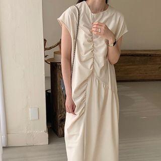 Cap-sleeve Ruched Midi Smock Dress