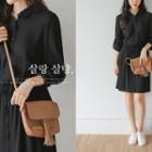 Long-sleeve Gathered-waist Half-placket Dress