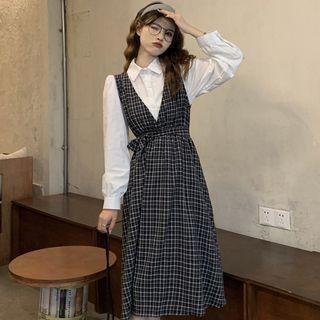 Plaid Midi A-line Overall Dress / Shirt