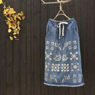 Embroidered Midi Shift Denim Skirt Denim Blue - One Size