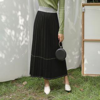 Band-waist Pleated Long Skirt Black - One Size