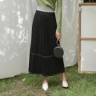 Band-waist Pleated Long Skirt Black - One Size