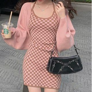 Halter-neck Checkerboard Mini Bodycon Dress / Knit Shrug