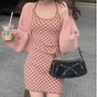 Halter-neck Checkerboard Mini Bodycon Dress / Knit Shrug