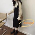 Ruffle Long-sleeve Blouse / Sleeveless Midi Dress