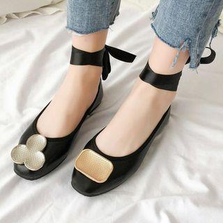 Non-matching Metal Lace Up Faux Leather Flats