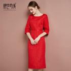 Jacquard 3/4-sleeve Sheath Dress