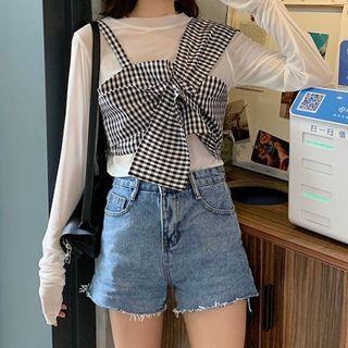 Long-sleeve T-shirt / Asymmetric Gingham Camisole Top