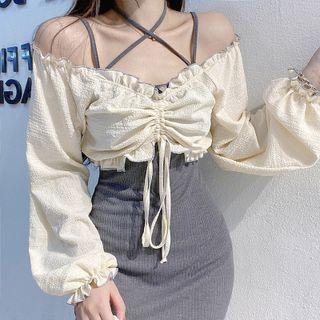 Off-shoulder Ruffled-trim Drawstring Crop Blouse