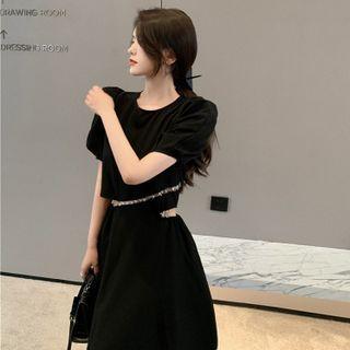 Short-sleeve Rhinestone Trim Cutout Midi Dress