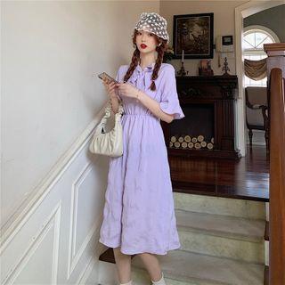 Elbow-sleeve Textured A-line Midi Dress