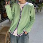 Long-sleeve Contrast Trim Knit Cardigan Green - One Size