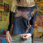Butterfly Print Round Neck Long Sleeve Top