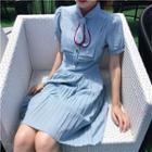 Short-sleeve Striped Tie-neck Accordion Pleated Dress