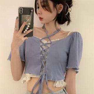 Short-sleeve Lace-up Crop Top / Cropped Camisole Top