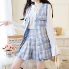 Set: Long-sleeve Tie-neck Blouse + Plaid Vest + A-line Mini Skirt