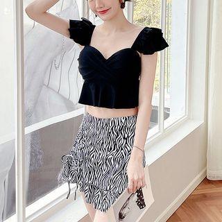 Set: Sleeveless Ruffled Swim Top + Zebra Print Swim Skirt