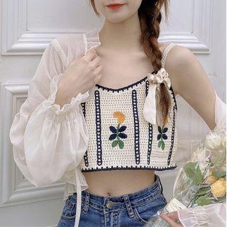 Ruffle Cardigan / Floral Embroidered Camisole Top