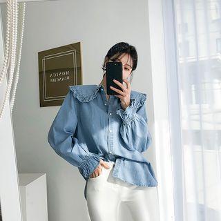 Capelet Frilled Denim Blouse Light Blue - One Size