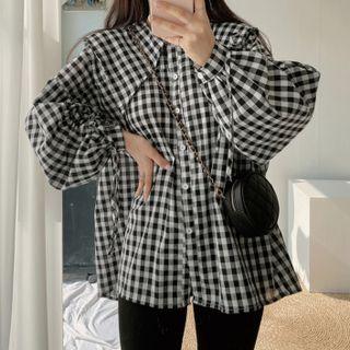 Balloon-sleeve Collared Gingham Blouse