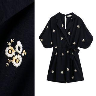 Floral Embroidered Puff-sleeve Playsuit