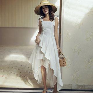 Spaghetti Strap Asymmetrical Ruffled A-line Dress