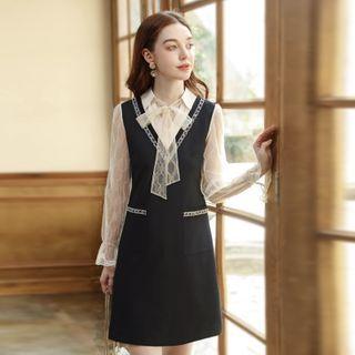 Long-sleeve Tie-neck Lace Panel Mini Dress