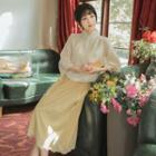 3/4-sleeve Hanfu Top / Embroidered Midi A-line Skirt / Set