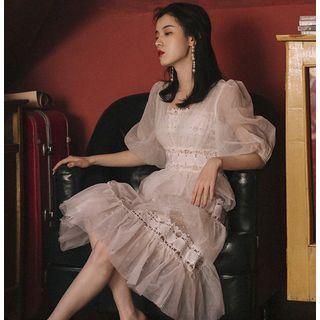 Elbow-sleeve Mesh Paneled Perforated A-line Dress