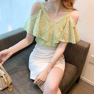 Cold-shoulder Lace Blouse / Asymmetrical Mini Pencil Skirt