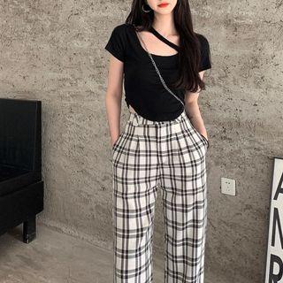 Short-sleeve Plain Crop Top / Plaid Wide Leg Pants