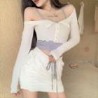 Long-sleeve Buttoned Crop Top / Spaghetti Strap Top / Fitted Mini Skirt