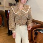 Floral Collared Panel Lace Puff-sleeve Blouse Floral - One Size