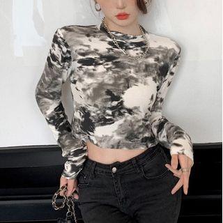 Long-sleeve Tie-dyed Cropped T-shirt White - One Size
