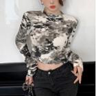 Long-sleeve Tie-dyed Cropped T-shirt White - One Size