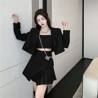 Plain Cropped Blazer / Camisole Top / Pleated Mini A-line Skirt / Set