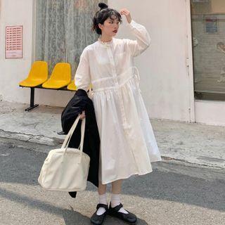 Long-sleeve Lace Panel Midi Shirt Dress White - One Size