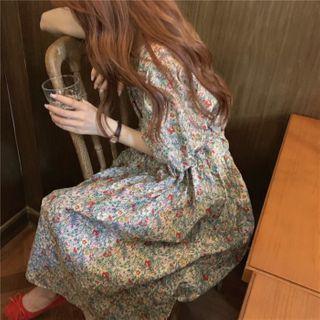 Short-sleeve Floral Midi Dress Floral Dress - One Size