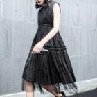 Mesh Panel Sleeveless A-line Dress Black - One Size