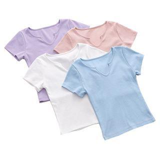 Short-sleeve Notch-neck Cropped Ribbed T-shirt