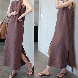 Sleeveless Slit Midi Shift Dress Dark Brown - One Size
