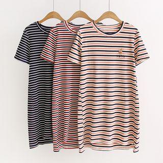 Peanut Embroidered Striped Short Sleeve Tunic