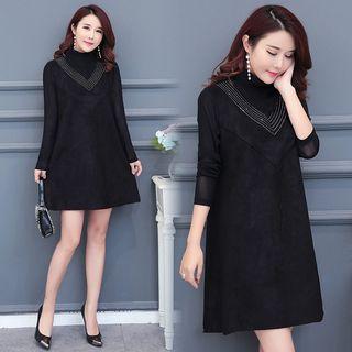 Rhinestone High Neck Long-sleeve A-line Dress