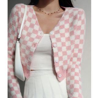 Long-sleeve Plaid Two-tone Cardigan