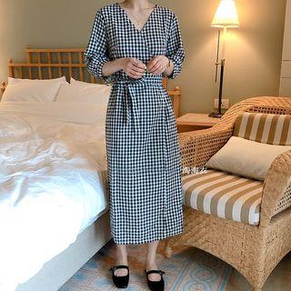 Plaid 3/4-sleeve Midi Wrap Dress