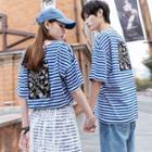 Couple Matching Set: Elbow-sleeve Striped T-shirt + Mesh Overlay Dress