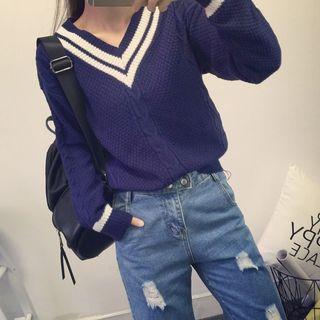 Striped V-neck Cable Knit Sweater